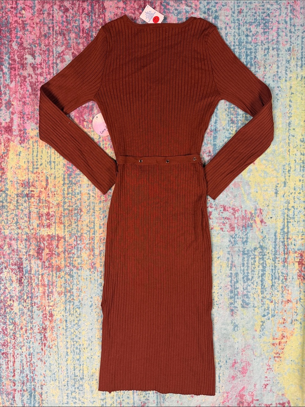 Love Tree Rust Ribbed Long-Sleeve Belted Dress - Picture 6 of 7